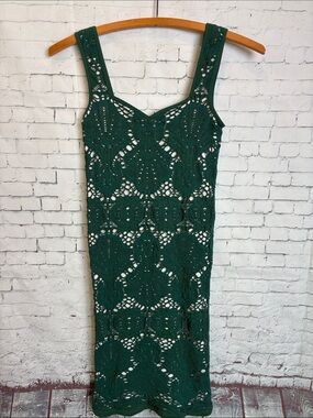 Free People Medallion Lace Crochet Bodycon Dress Green Overlay White Sz M/L